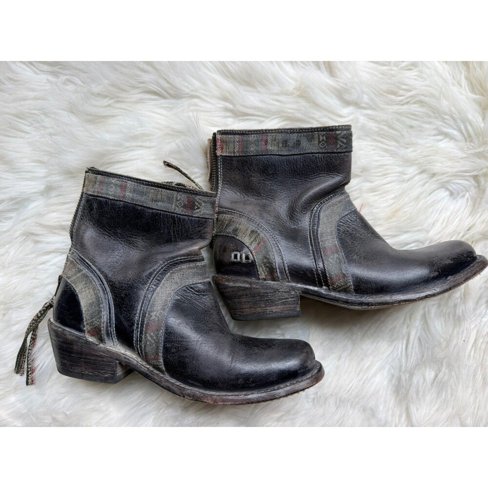 Bed Stu Cobbler Series Black Leather Woven Trim Ankle Boots Womens 6 Handcrafted